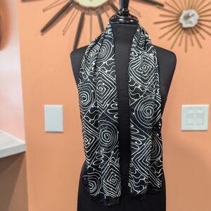 Vintage 90s Silk Scarf Elaine Gold Black & White Swirls & Stars Boho Chic